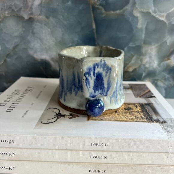 Studio Art Pottery Creamer Cup Handle Blue Gray Stoneware Freeform Drip Glaze - Picture 4 of 8